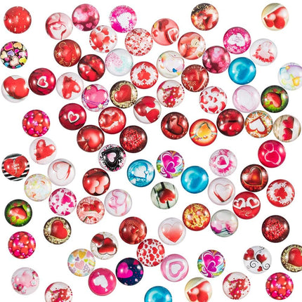 Flatback Glass Cabochons – 12mm Dome, Heart Pattern, Mixed Colours, DIY Craft Embellishments (20pcs)