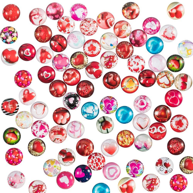 Flatback Glass Cabochons – 12mm Dome, Heart Pattern, Mixed Colours, DIY Craft Embellishments (20pcs)