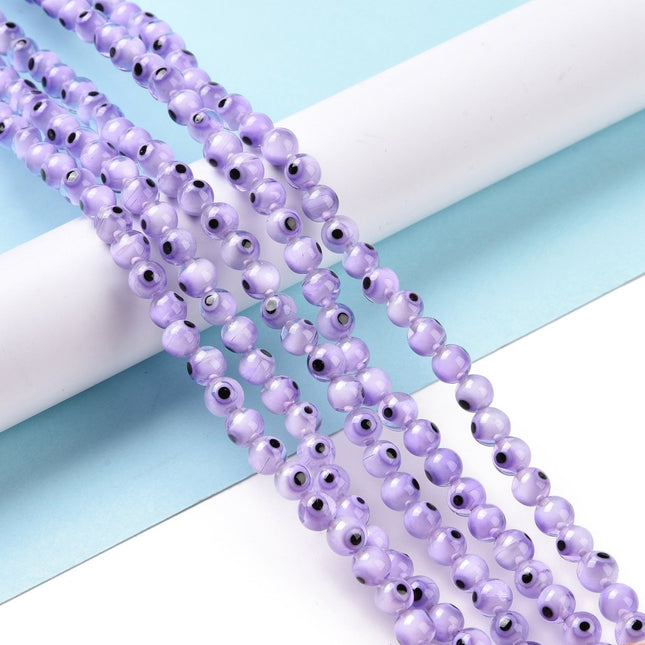 Handmade Evil Eye Lampwork Beads – Violet Round 6 mm, 64‑pc Strand (37 cm)