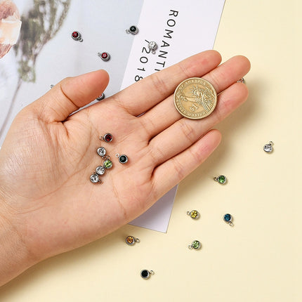 20pcs 303 Stainless Steel Rhinestone Charms – Flat Round Birthstone Necklace Charms, Mixed Colors