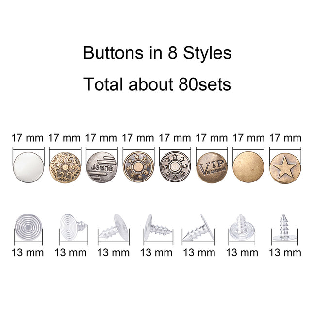 Iron Button Pins for Jeans, Garment Accessories, Flat Round with Pattern, Mixed Color, 6 pattern
