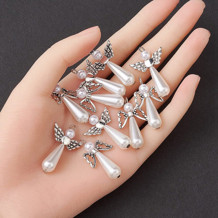 Acrylic Imitation Pearl with Alloy Pendants, with Stainless Steel Color Tone 304 Stainless Steel Loops, Angel Charm, Antique Silver