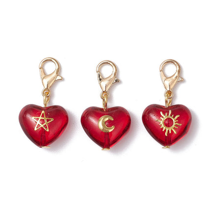 Heart Glass Pendant with Star, Moon & Sun Charms – Mixed Color, 27 mm with Alloy Lobster Clasp