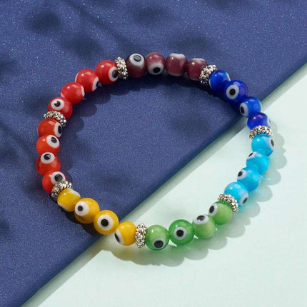 Kids Rainbow Evil Eye Stretch Bracelet – 6mm Lampwork Beads with Antique‑Silver Alloy Spacers, Colorful