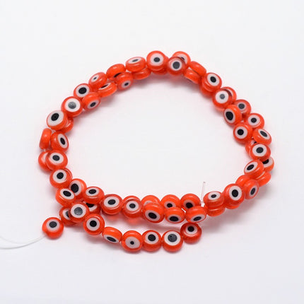 Handmade Evil Eye Lampwork Flat Round Bead Strands – Orange Red, 6mm × 3mm