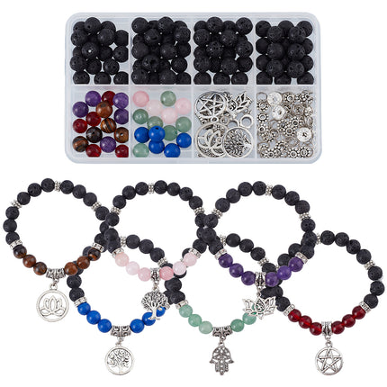 DIY Yoga Bracelet Kit – Mixed Gemstone Round Beads with Tree of Life, Star, Lotus & Hamsa Pendants