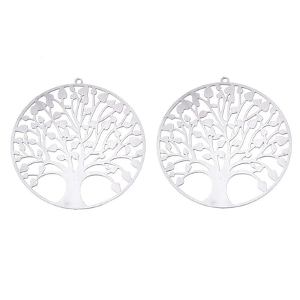 Non‑Tarnish 201 Stainless Steel Filigree Pendants – Tree of Life, Flat Round, 47×45mm, 2pcs