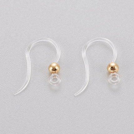 Eco‑Friendly Plastic Earring Hooks with 304 Stainless Steel Beads, Horizontal Loop, Round, Real 18K Gold Plated
