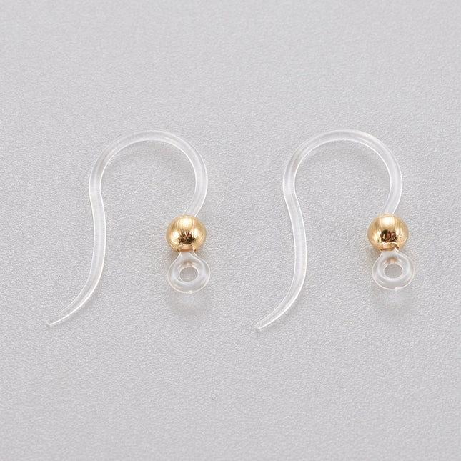 Eco‑Friendly Plastic Earring Hooks with 304 Stainless Steel Beads, Horizontal Loop, Round, Real 18K Gold Plated