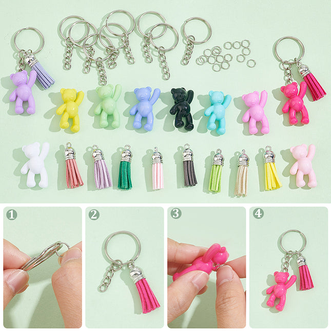 Acrylic Bear Keychain Making Kit – Mixed Colours with Faux Suede Tassels & Iron Findings (Box Set)