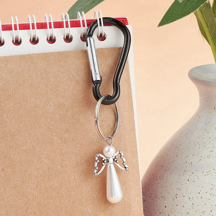 Acrylic Imitation Pearl with Alloy Pendants, with Stainless Steel Color Tone 304 Stainless Steel Loops, Angel Charm, Antique Silver