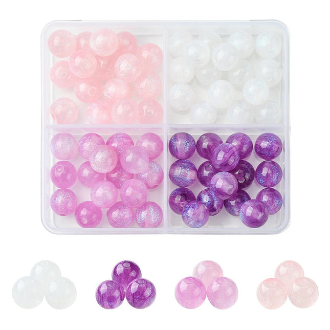 Round Imitation Cat Eye Resin Beads with Glitter – 8mm, 4 Colours, Mixed Purple & Pink Tones, Boxed Set