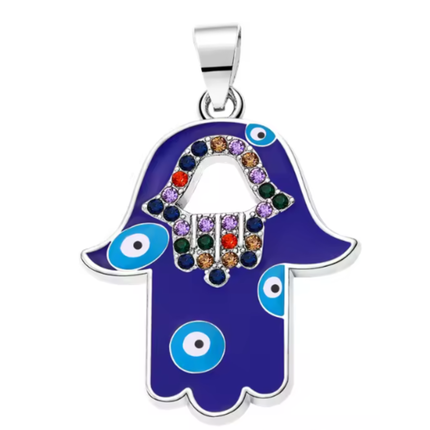 Silver Plated Enamel Hamsa Hand Evil Eye Charm – Handmade Talisman Pendant for DIY Jewelry Making