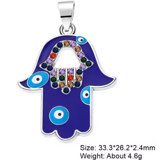 Silver Plated Enamel Hamsa Hand Evil Eye Charm – Handmade Talisman Pendant for DIY Jewelry Making