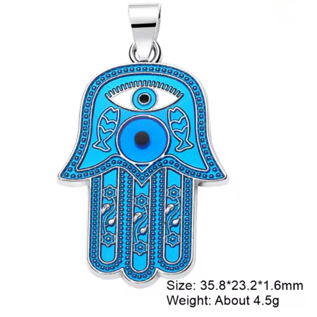Enamel Hamsa Hand Pendant – Fatima Eye Charm, Rhodium‑Plated Zinc Alloy, Blue Protective Amulet, 35.8×23.2mm