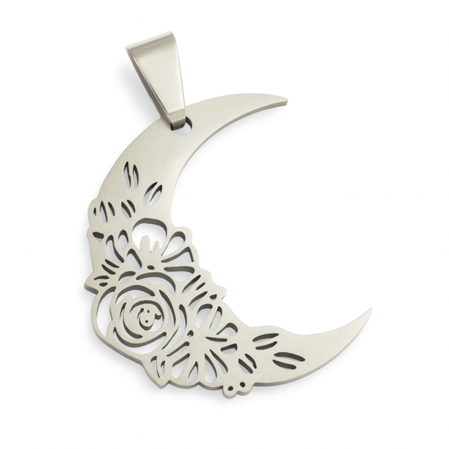 Luna Floral Moon Stainless Steel Pendant - 37mm x 28mm DIY Jewelry Making