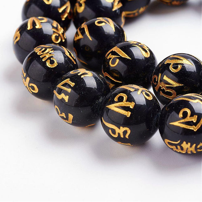 Natural Obsidian Bead Strand – Round Carved “Om Mani Padme Hum” Prayer Beads for Jewelry Making