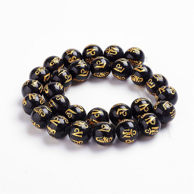 Natural Obsidian Bead Strand – Round Carved “Om Mani Padme Hum” Prayer Beads for Jewelry Making