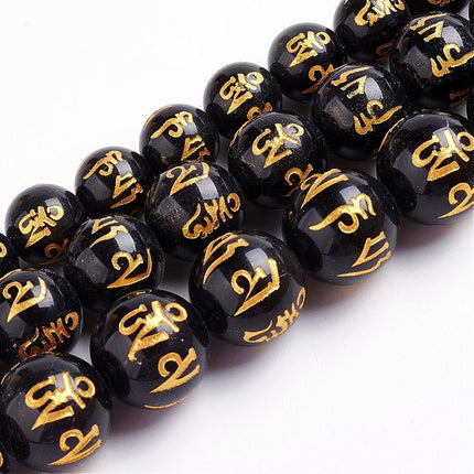 Natural Obsidian Bead Strand – Round Carved “Om Mani Padme Hum” Prayer Beads for Jewelry Making