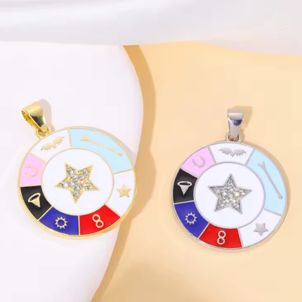 Round Multi‑Symbol Turkish Evil Eye Pendant – 36×30mm Crystal Charm in Gold or Silver for DIY Jewelry Making