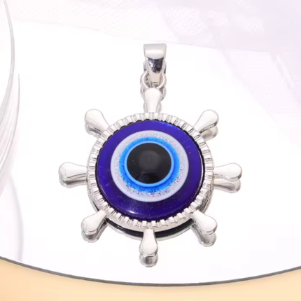 Blue Turkish Evil Eye Ship Wheel Pendant – 35×39mm Boho Crystal Charm for DIY Necklace & Jewelry Making