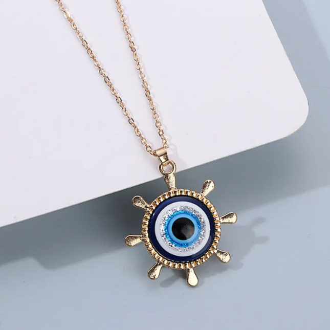 Blue Turkish Evil Eye Ship Wheel Pendant – 35×39mm Boho Crystal Charm for DIY Necklace & Jewelry Making