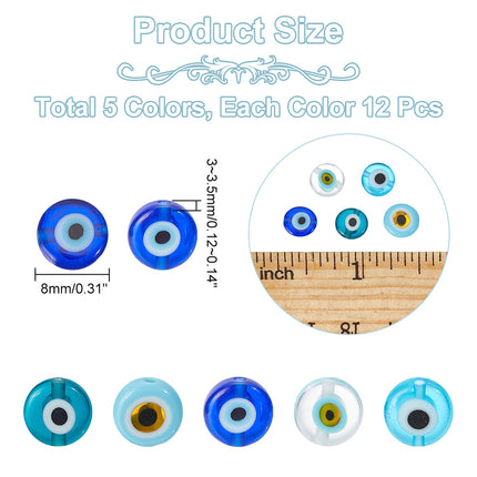 60pcs Mixed Color Evil Eye Lampwork Beads – 8mm Flat Round Disc, Handmade Glass, 5 Colors