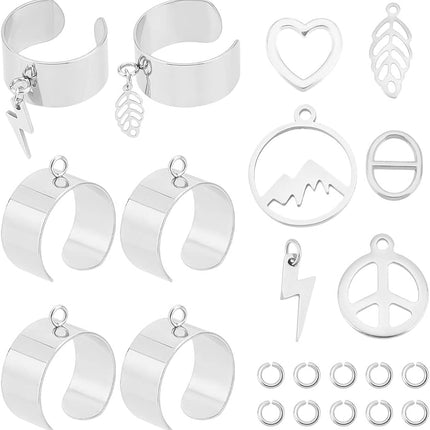 DIY Charm Cuff Ring Making Kit – Stainless Steel Open Ring Bases with Mountain, Peace Sign, Heart & Leaf Charms
