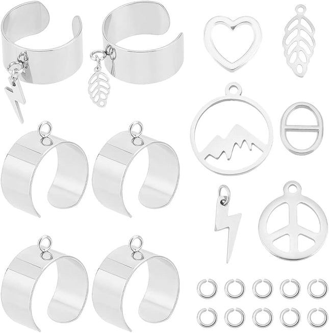 DIY Charm Cuff Ring Making Kit – Stainless Steel Open Ring Bases with Mountain, Peace Sign, Heart & Leaf Charms