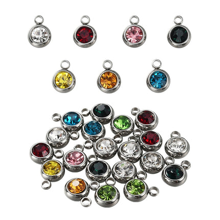 20pcs 303 Stainless Steel Rhinestone Charms – Flat Round Birthstone Necklace Charms, Mixed Colors