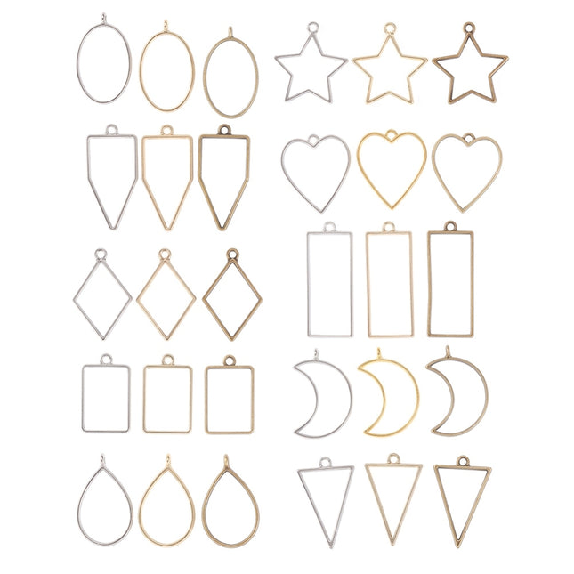 Rack Plating Alloy Open Back Bezel Pendants, For DIY UV Resin, Epoxy Resin, Pressed Flower Jewelry, Mixed Shape, Mixed Color, 30pcs/set