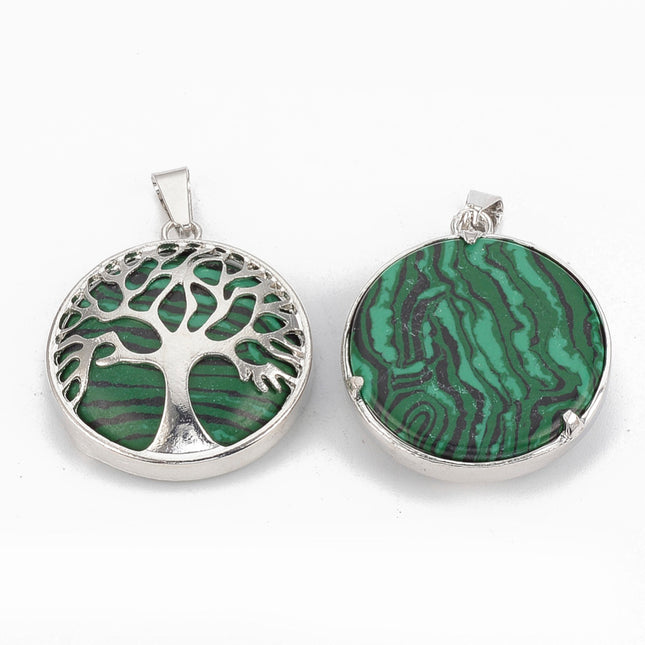 Synthetic Malachite Tree of Life Pendants – Flat Round with Brass Findings, Dyed Green, Platinum Finish