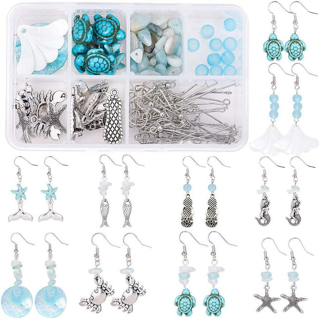 DIY Ocean Theme Earring Kit – Amazonite, Synthetic Turquoise, Glass Beads, Alloy Pendants & Brass Hooks