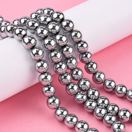 Non‑Magnetic Synthetic Hematite Beads Strand – Grade A Round Platinum Plated 10mm