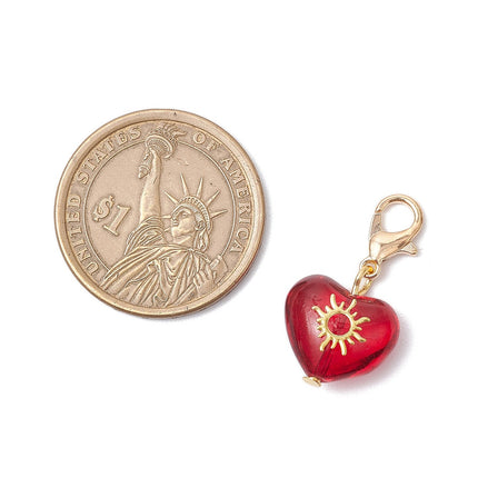 Heart Glass Pendant with Star, Moon & Sun Charms – Mixed Color, 27 mm with Alloy Lobster Clasp