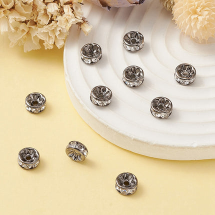 Brass Rhinestone Spacer Beads – Grade A Rondelle with Straight Flange, Crystal Gunmetal Finish
