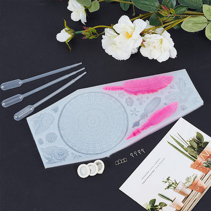 Silicone Mold Dream Catcher DIY Pendant Making Set – Woven Net/Web Mold with Screw Eye Pins, Jump Rings, Pipettes & Finger Cots, White