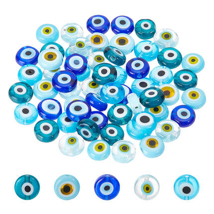 60pcs Mixed Color Evil Eye Lampwork Beads – 8mm Flat Round Disc, Handmade Glass, 5 Colors