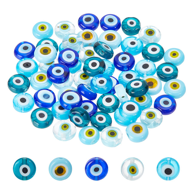 60pcs Mixed Color Evil Eye Lampwork Beads – 8mm Flat Round Disc, Handmade Glass, 5 Colors