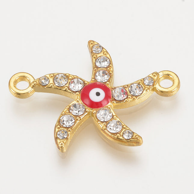 Rhinestone Starfish Connectors – Cadmium & Lead Free Alloy Links with Red Evil Eye, Golden, 28mm (5pcs)