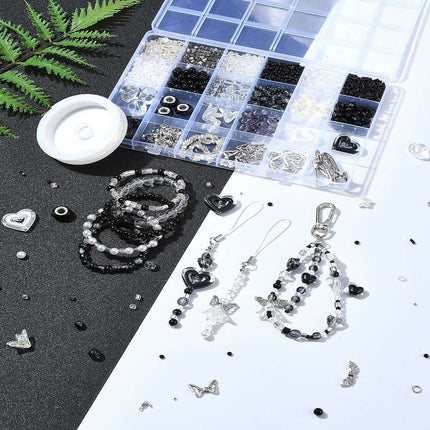 DIY Mobile Phone Strap Making Kit – Alloy, Glass & Acrylic Beads, Black Set