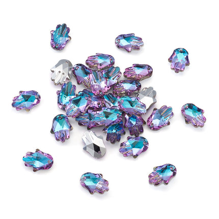 Glass Rhinestone Pendants – Faceted Hamsa Hand, Light Amethyst Imitation Austrian Crystal