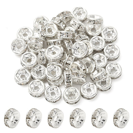 Brass Rhinestone Spacer Beads – Grade A Rondelle with Straight Flange, Crystal Silver Finish