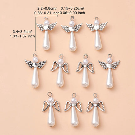 Acrylic Imitation Pearl with Alloy Pendants, with Stainless Steel Color Tone 304 Stainless Steel Loops, Angel Charm, Antique Silver