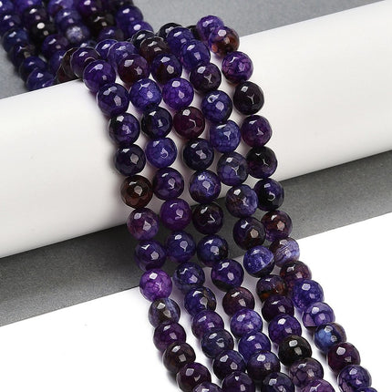 Faceted Natural Crackle Agate Bead Strands – Round 8mm, Dyed & Heated Purple