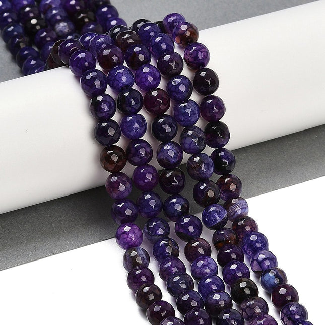 Faceted Natural Crackle Agate Bead Strands – Round 8mm, Dyed & Heated Purple