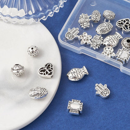 DIY Jewelry Making Finding Kit – 20‑Piece Mixed Alloy Beads & European Beads Set, Bicone, Lotus, Fish, Butterfly & Hamsa Hand, Antique Silver