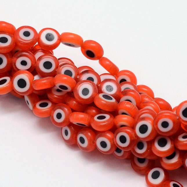 Handmade Evil Eye Lampwork Flat Round Bead Strands – Orange Red, 6mm × 3mm