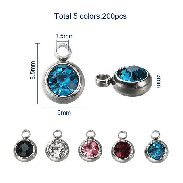 20pcs 303 Stainless Steel Rhinestone Charms – Flat Round Birthstone Necklace Charms, Mixed Colors