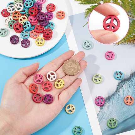 Peace Sign Synthetic Turquoise Beads – 15mm Mixed‑Color Flat Round Beads, 20pcs